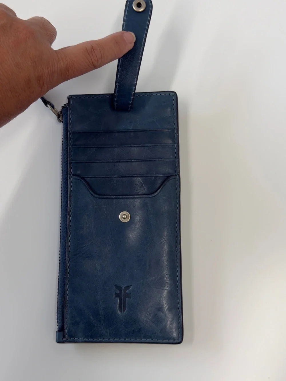 Frye Deep Blue Leather Zip Card Holder with Key Ring